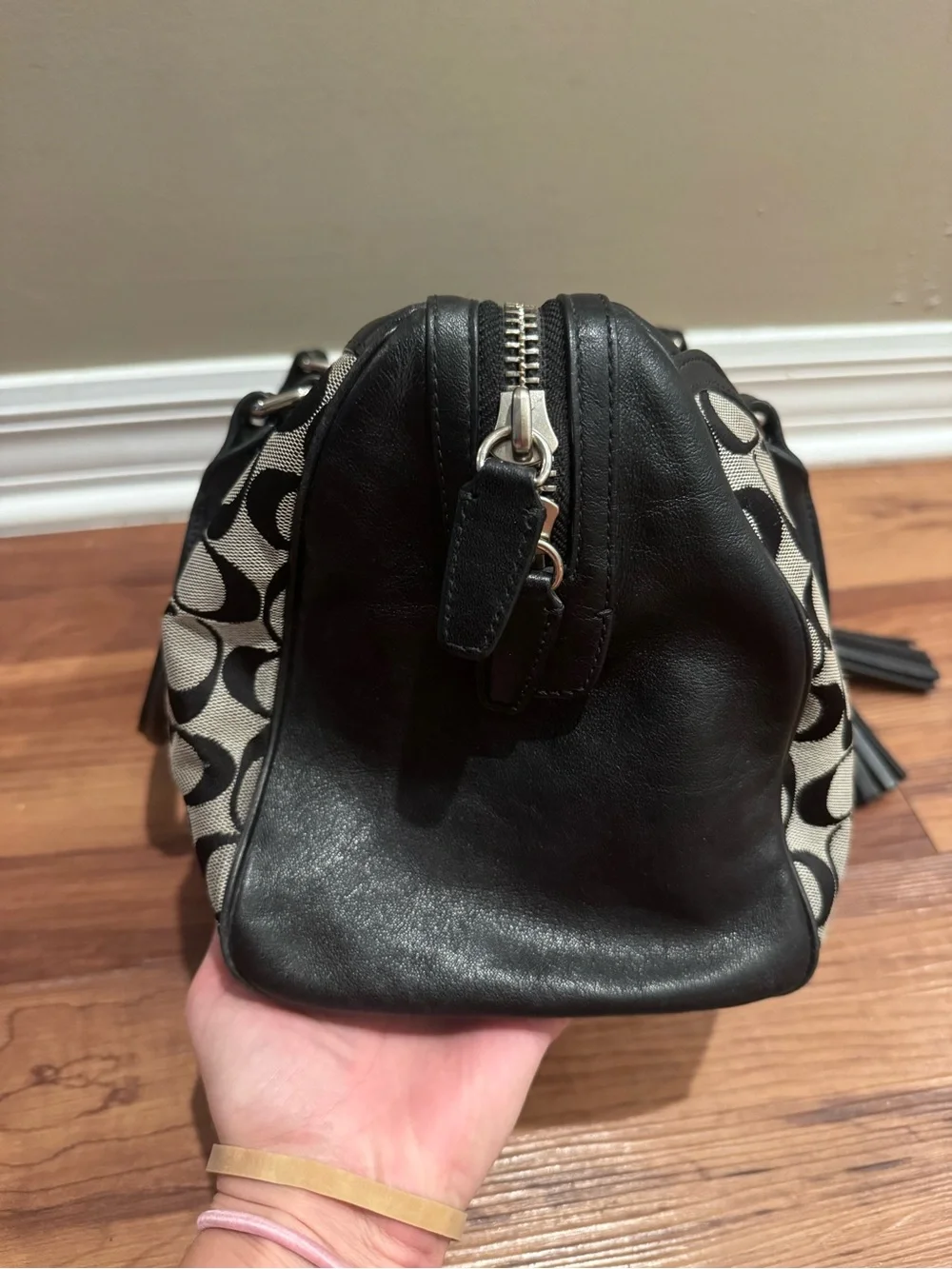 Coach Signature Canvas Satchel in Black and Ivory with Tassel